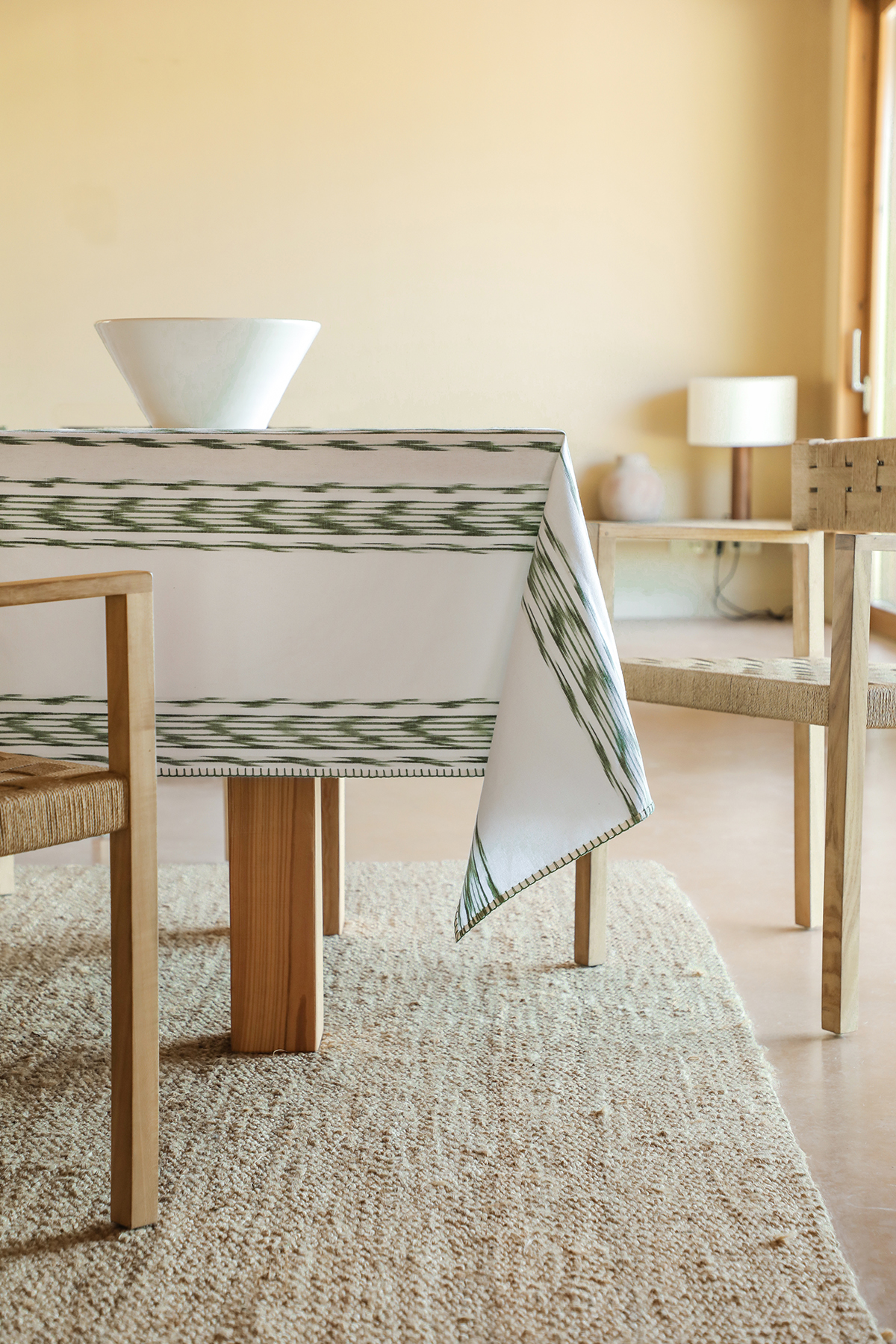 Stofftischdecke Handgenähtes Mallorca Stoff ikat 235 Oliv Grün